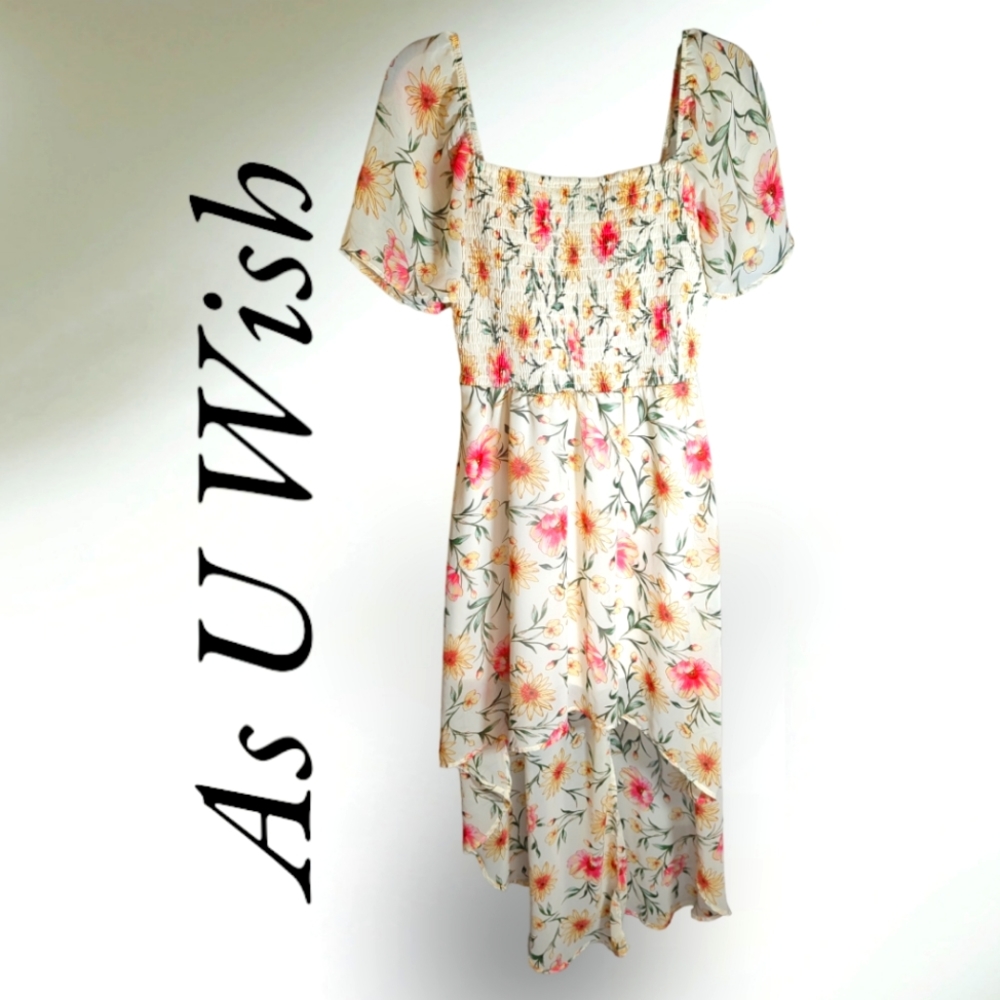 As U Wish Floral High-low Maxi Skirt Dress. Elastic top, simi-sheer with lining